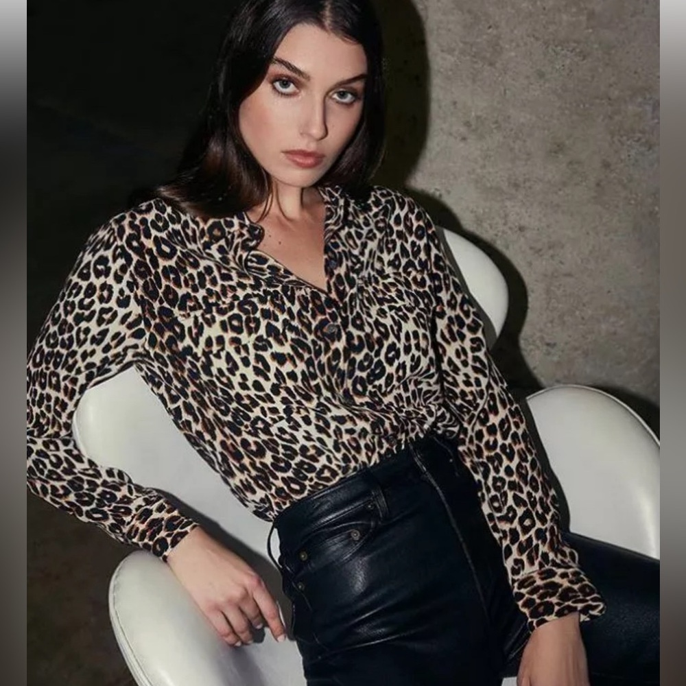 Equipment Silk LEOPARD Blouse Top Button Up Long Sleeve R18